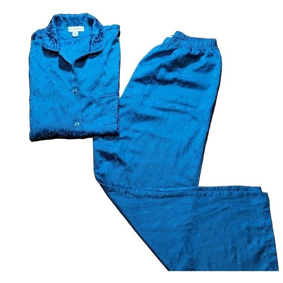 Miss‎ Elaine PJ Set  Satin Medium Emerald Green Emboss S/s Pants - Picture 1 of 4